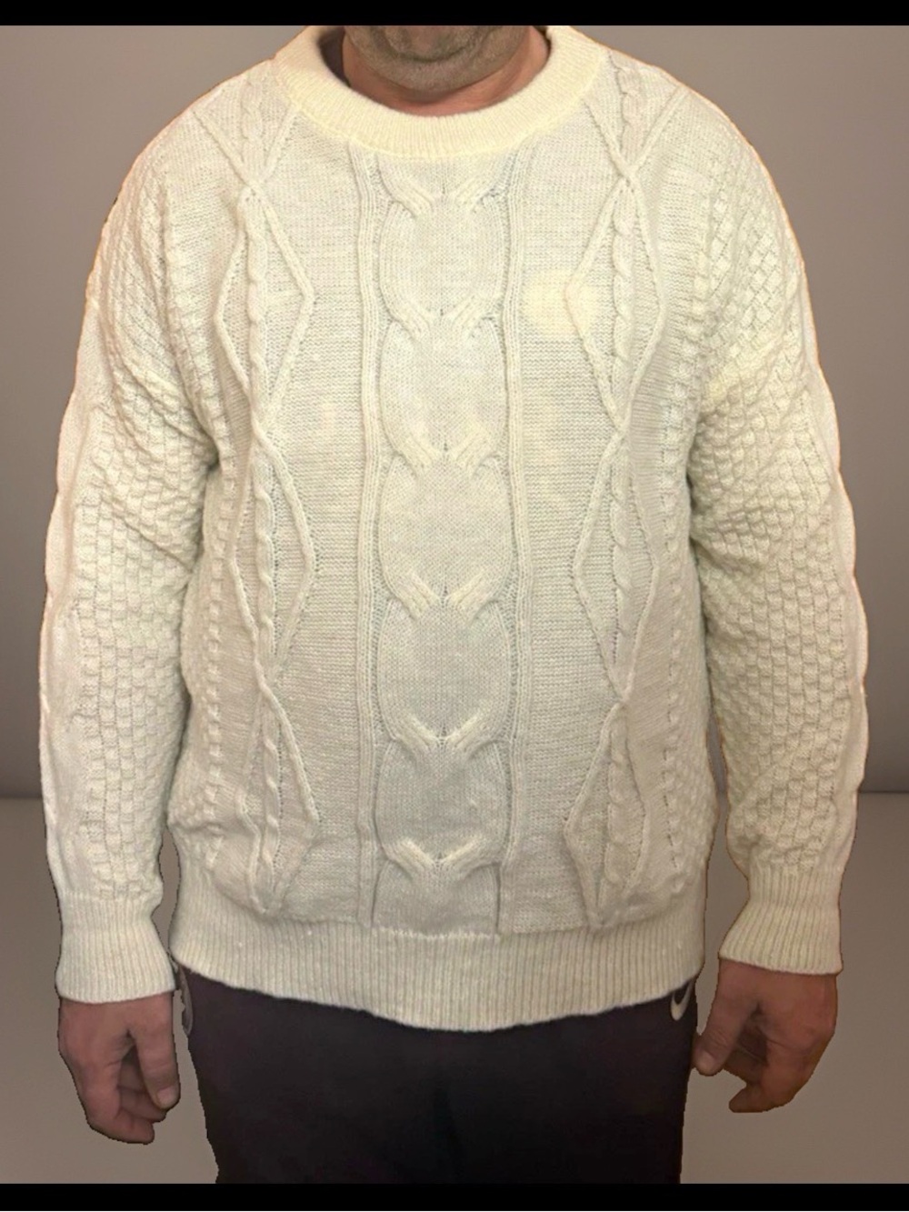 Men's 2XL Ivory Cable-Knit Crew Neck Long Sleeve Pullover Sweater